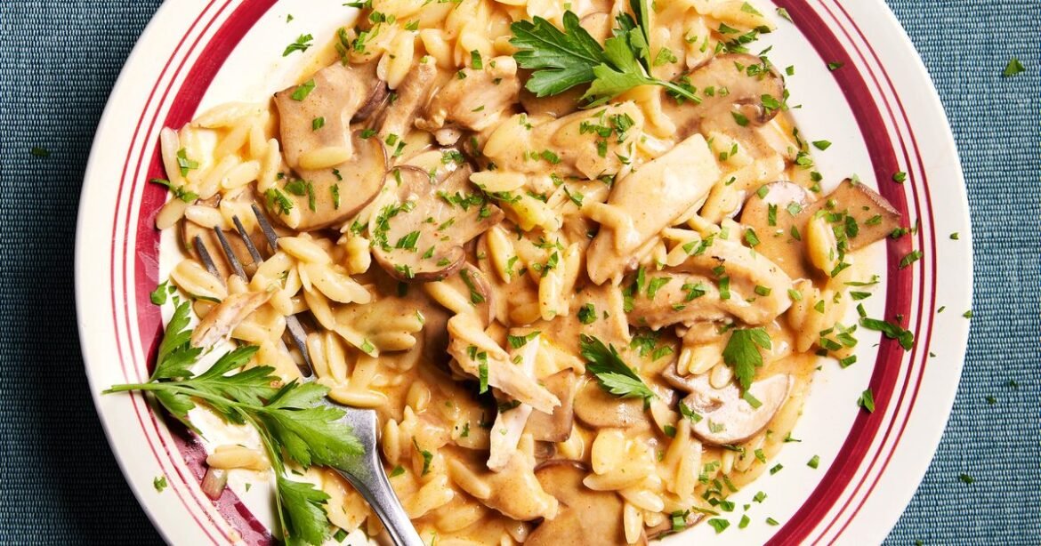 Chicken & mushroom stroganoff-style one-pot with orzo recipe