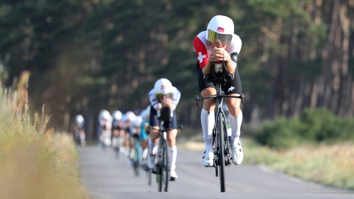 Athletes form a line during an Ironman race.
