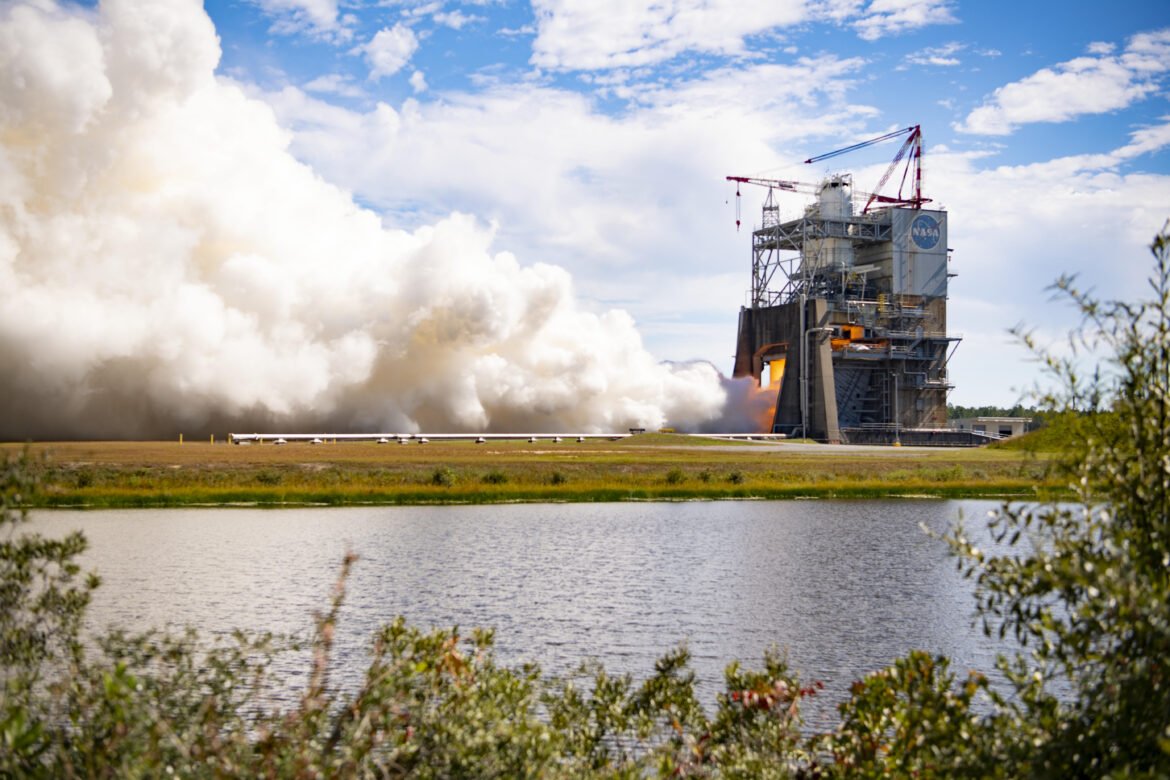 RS-25 engine No. 10001 undergoes a hot fire test on the Fred Haise Test Stand at NASA’s Stennis Space Center in Mississippi on October 21, 2026.