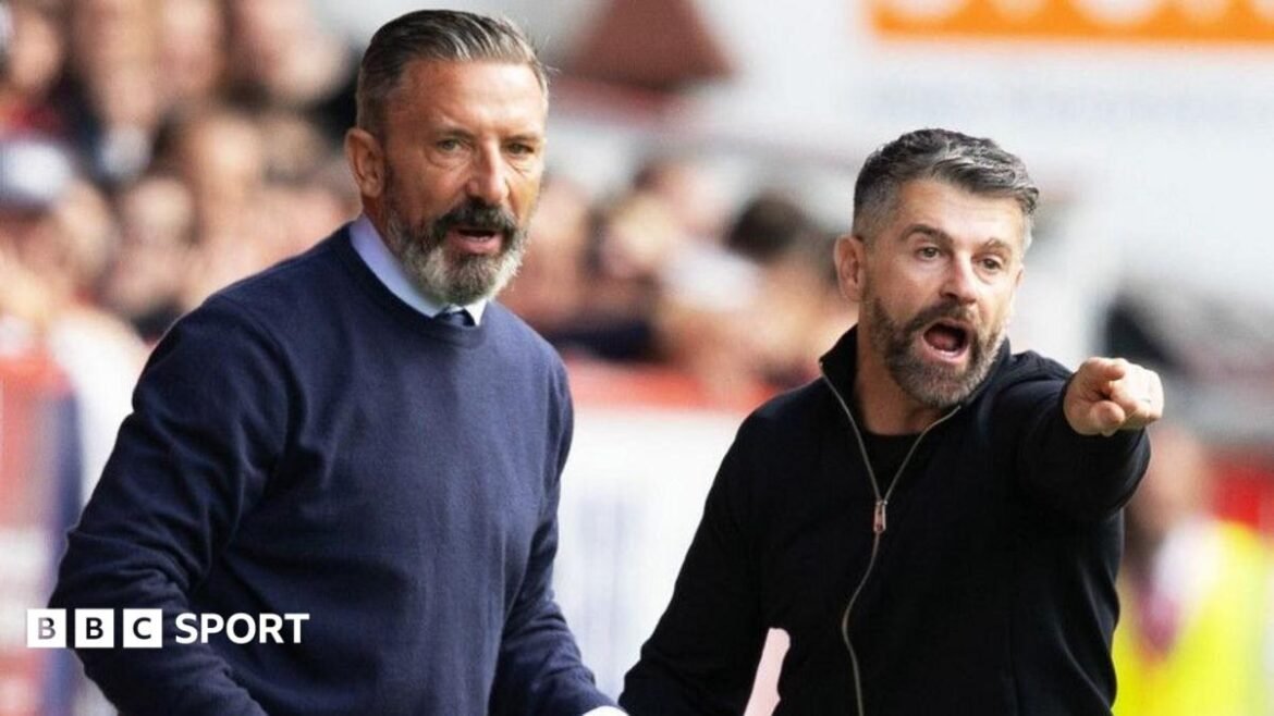 Rangers Manager Derek McInnes and Aberdeen Manager Stephen Robinson during a William Hill Premiership match between Aberdeen and Rangers at Pittodrie Stadium, on August 30, 2026, in Aberdeen, Scotland