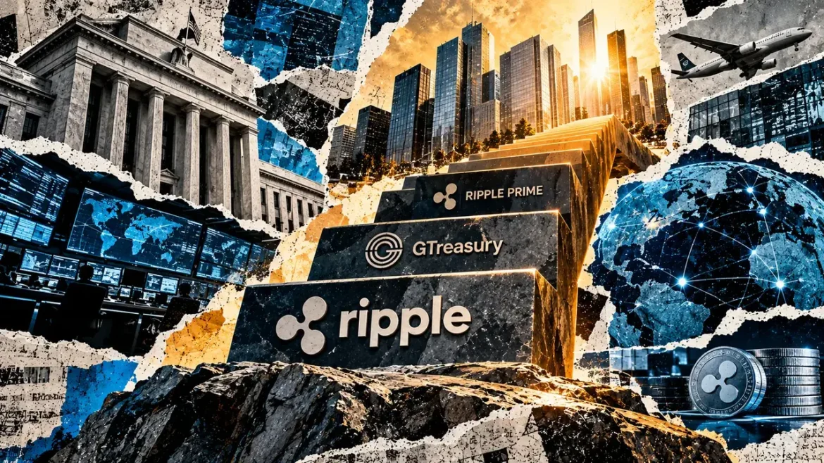 Monumental staircase marked Ripple, GTreasury and Ripple Prime ascends toward financial skyscrapers above trading and banking scenes.