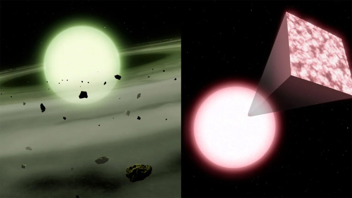 An artist depiction of green and pink white dwarf stars.