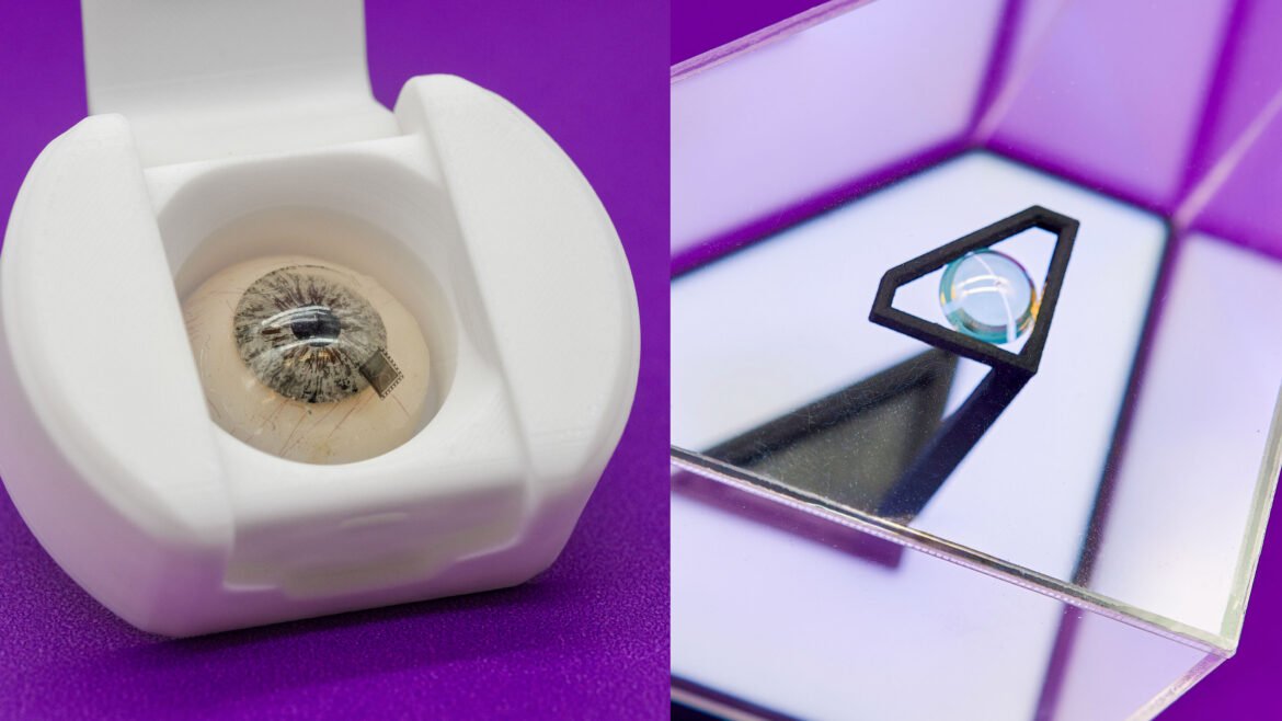On the left, a fake eye with a black square on it in a white case. On the right, a contact lens in a glass diamond case.