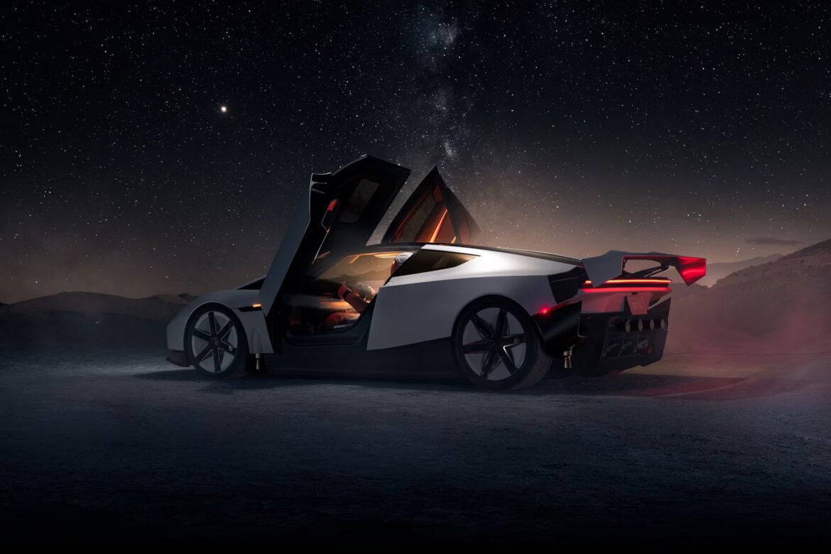 Tesla Roadster gen 2 with its scissor doors open against a starry night sky
