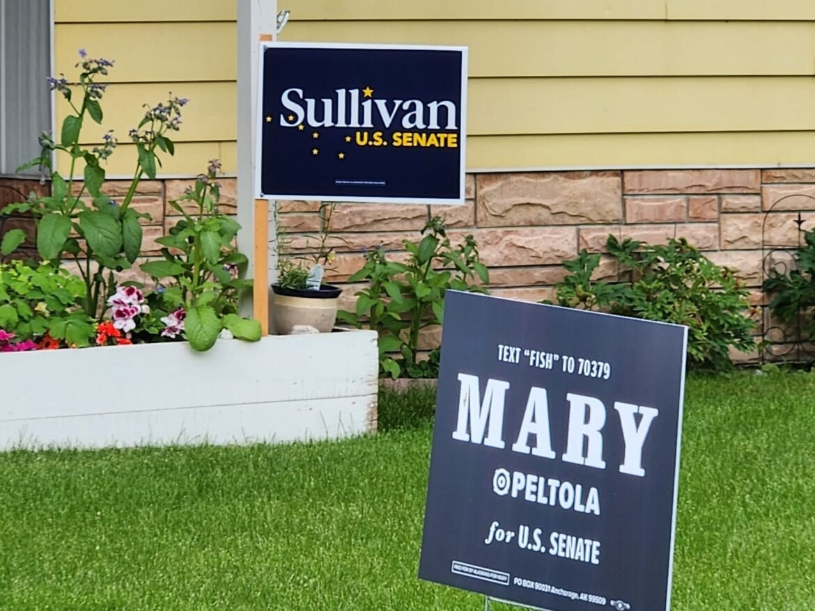 Competing signs in the same Anchorage, Alaska yard, seen Aug. 7, 2026, support the candidates for U.S. Senate in Alaska: incumbent Dan Sullivan, a Republican, and challenger Mary Peltola, a Democrat. (Photo by Yereth Rosen/Alaska Beacon)