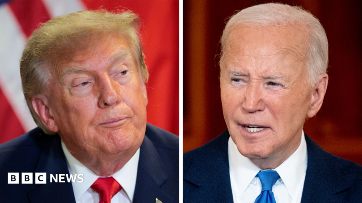Image shows US President Donald Trump on the left hand side, wearing a blue suit jacket, white shirt and red tie. On the right is Joe Biden wearing a blue suit jacket, white shirt and blue tie.