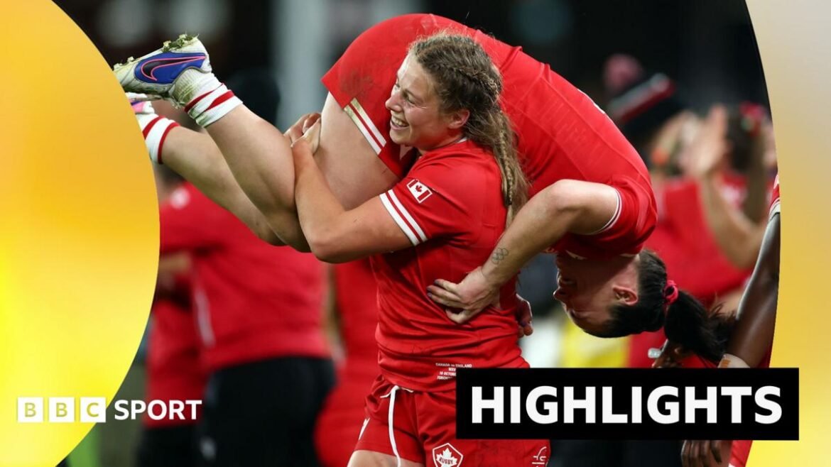Canada celebrate at full-time, with Shoshanah Seumanutafa being lifted off the ground by team-mate