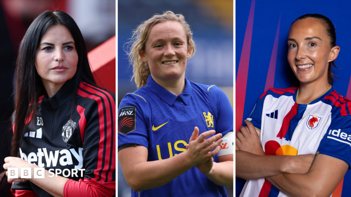 Manchester United's Eva Olid, Chelsea's Erin Cuthbert and Lyon's Caroline Weir